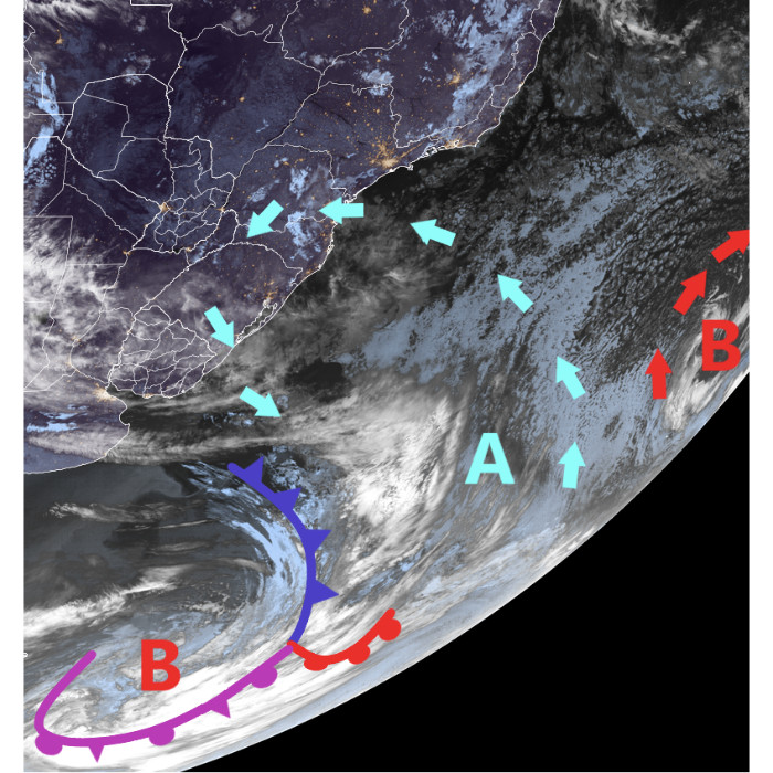 Sistemas sinóticos sobrepostos na imagem de satélite extraída do RAMMB/CIRA, do canal GeoColor (CIRA).